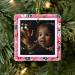 Cute Christmas Pink Photo Frame Ceramic Ornament