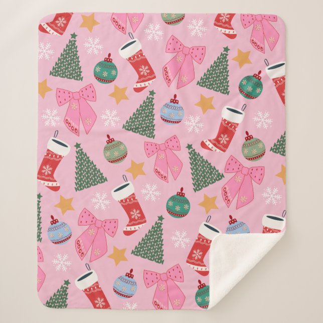Cute Christmas Pink Sherpa Blanket (Front)