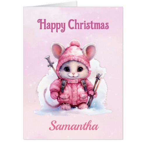 Cute Christmas Pink Winter Mouse Oversized Card
