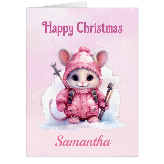 Cute Christmas Pink Winter Mouse Oversized Card (Front)