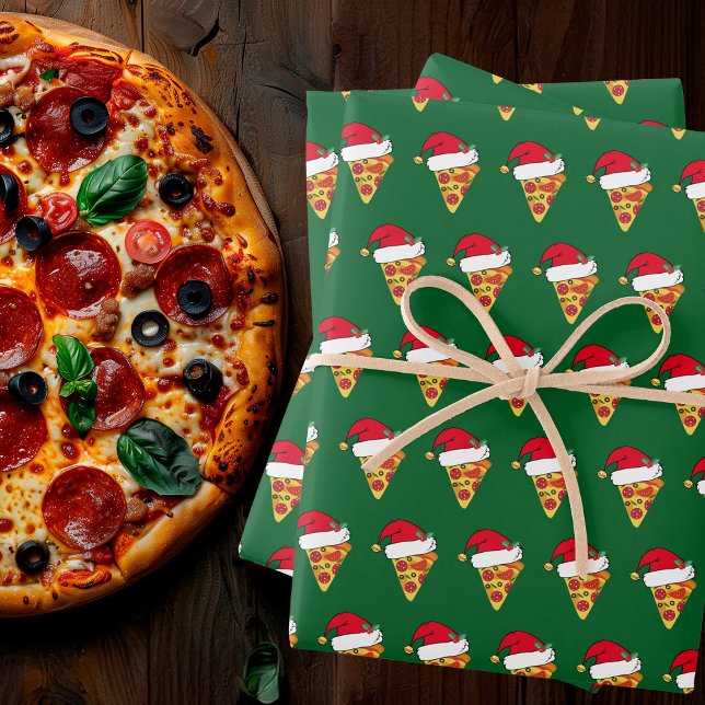 Cute Christmas Pizza Slices in Santa Hats Green Wrapping Paper Sheets (Creator Uploaded)