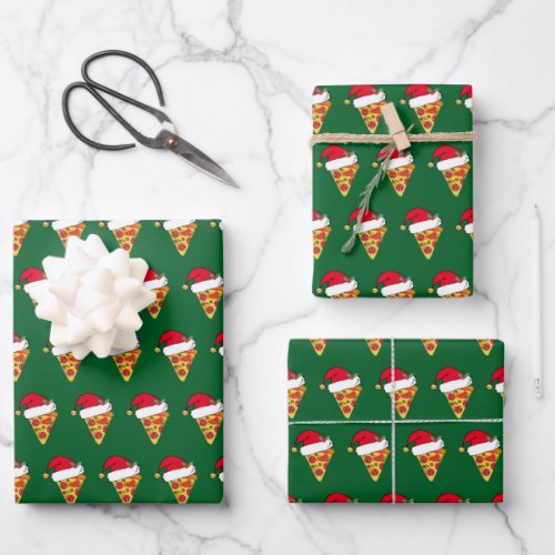Cute Christmas Pizza Slices in Santa Hats Green Wrapping Paper Sheets