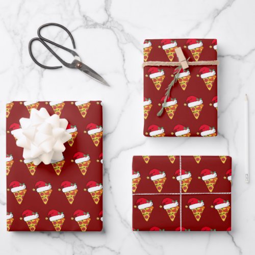Cute Christmas Pizza Slices in Santa Hats Red Wrapping Paper Sheets