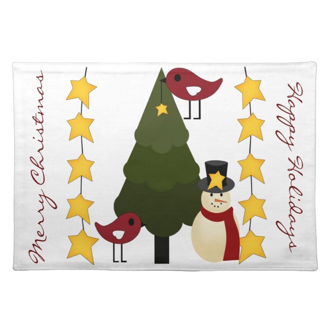 Cute Christmas Placemat Tree Snowman Bird Holly (Front)