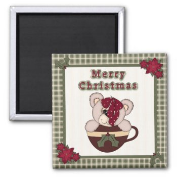 Cute Christmas Plaid Pattern Border & Teddy Bear Magnet by Truly_Uniquely at Zazzle