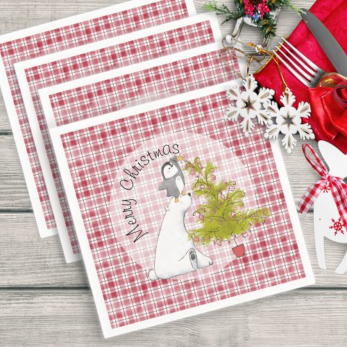 Cute Christmas Polar Bear And Penguin Christmas Napkins