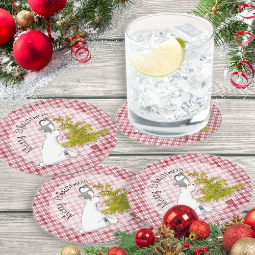 Cute Christmas Polar Bear And Penguin Christmas   Round Paper Coaster