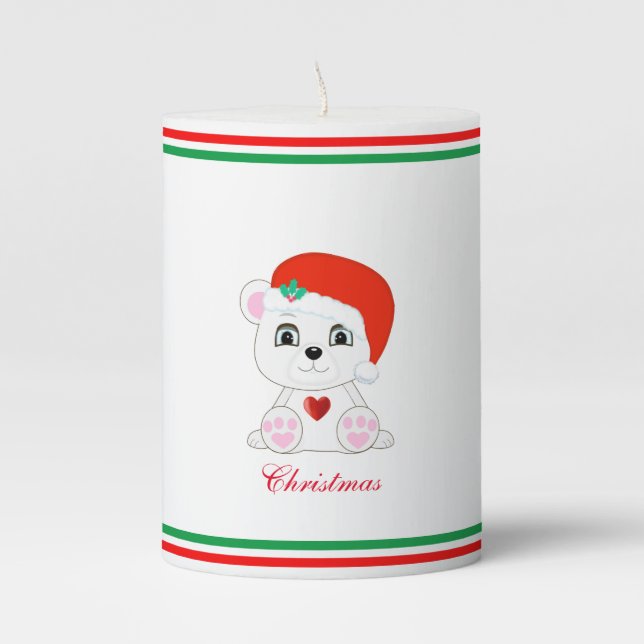 Cute Christmas Polar Bear & Green Red Stripes Pillar Candle (Front)