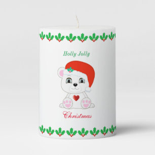 Cute Christmas Polar Bear & Holly Berries Pillar Candle