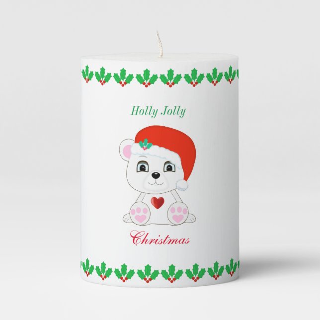 Cute Christmas Polar Bear & Holly Berries Pillar Candle (Front)