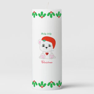 Cute Christmas Polar Bear & Holly Berries Pillar Candle