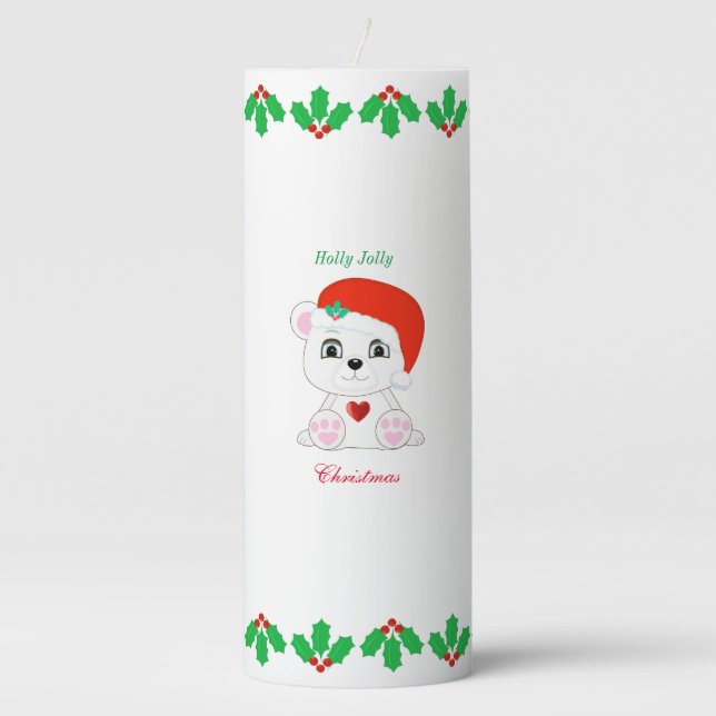 Cute Christmas Polar Bear & Holly Berries Pillar Candle (Front)
