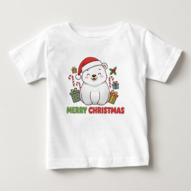 Cute Christmas Polar Bear Illustration Baby T-Shirt (Front)
