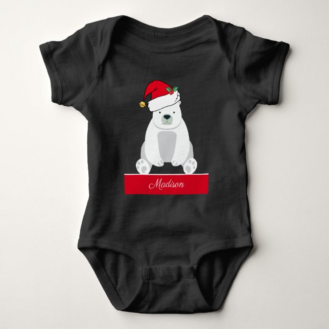 Cute Christmas Polar Bear in Santa Hat Custom Baby Bodysuit (Front)