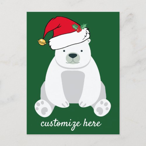 Cute Christmas Polar Bear in Santa Hat Green Postcard