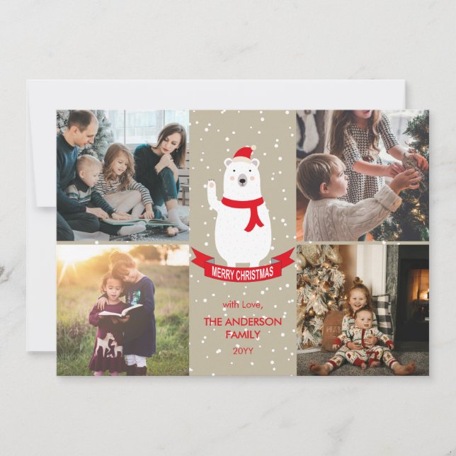 Cute Christmas Polar Bear Merry Christmas 4 Photo Holiday Card (Front)