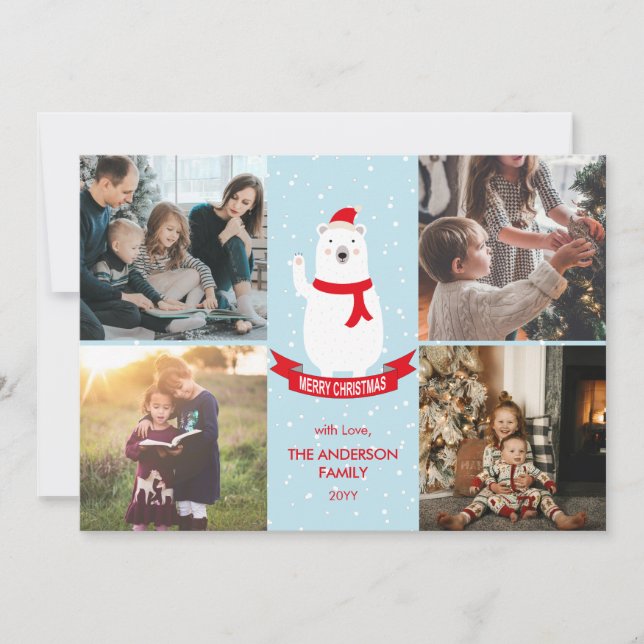 Cute Christmas Polar Bear Merry Christmas 4 Photo Holiday Card (Front)