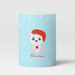 Cute Christmas Polar Bear on Light Blue Pillar Candle
