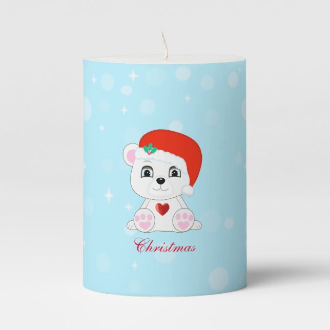 Cute Christmas Polar Bear on Light Blue Pillar Candle (Front)