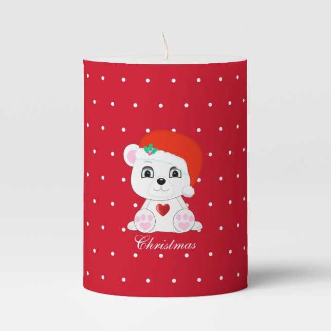 Cute Christmas Polar Bear on Red Pillar Candle (Front)