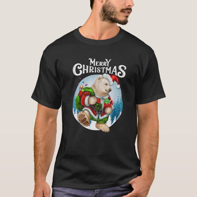 Cute Christmas Polar Bear Red Santa Hat Lighted Tr T-Shirt (Front)