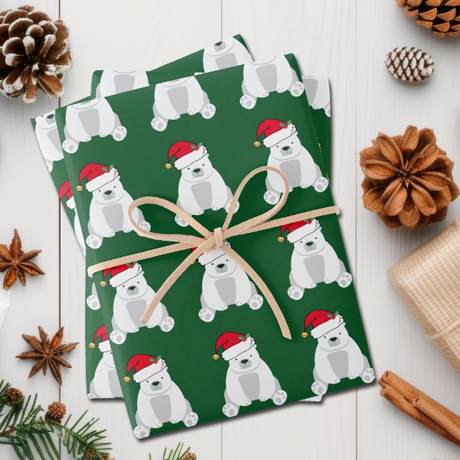Cute Christmas Polar Bear Santa Hat Kids Green Wrapping Paper Sheets (Creator Uploaded)