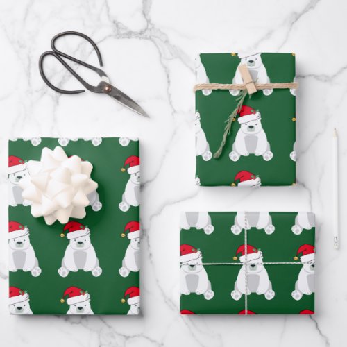 Cute Christmas Polar Bear Santa Hat Kids Green Wrapping Paper Sheets