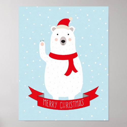 Cute Christmas Polar Bear says Hello Poster