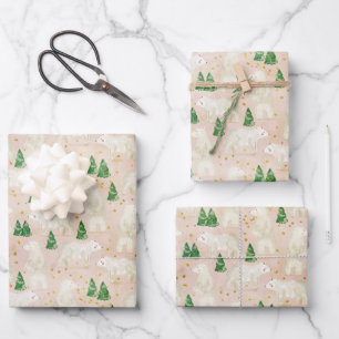 Cute Christmas Polar Bears in Evergreen Forest Wrapping Paper Sheets