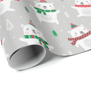 Cute Christmas Polar Bears on light grey Wrapping Paper