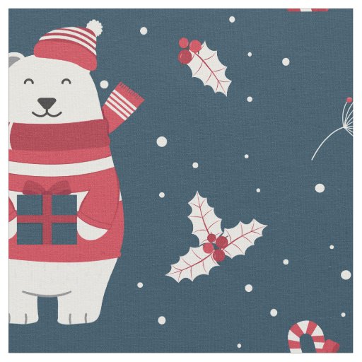 Cute Christmas Polar Bears Red Sweaters Hats Blue Fabric