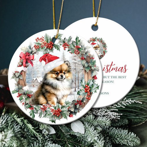 Cute Christmas pomeranian dog puppy Santa hat Ceramic Ornament