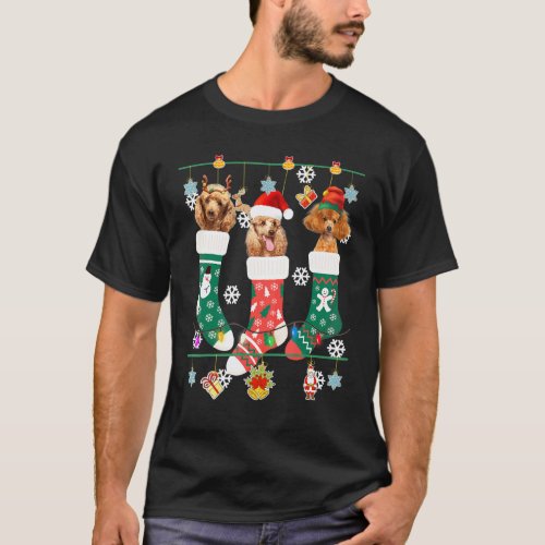 Cute Christmas Poodle In Sock Xmas Reindeer Santa  T-Shirt
