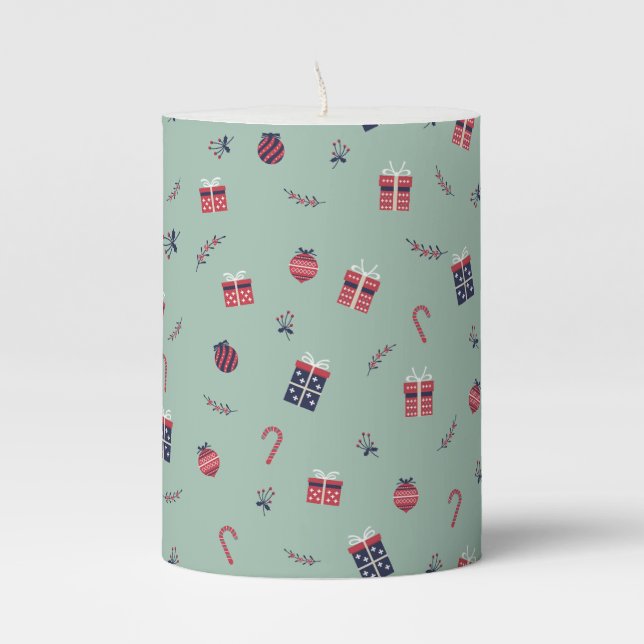 Cute Christmas Presents Ornaments Pattern Pillar Candle (Front)