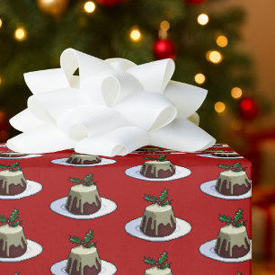 Cute Christmas Pudding Brandy Sauce Holly Pattern Wrapping Paper