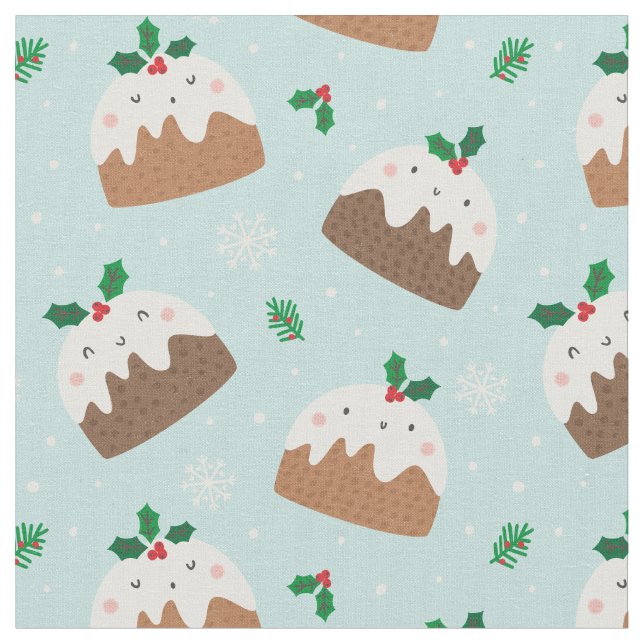 Cute Christmas Puddings on light blue Fabric (Close Up)