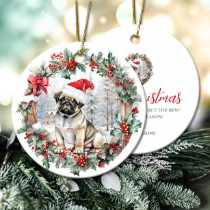Cute Christmas pug dog puppy Santa hat Ceramic Ornament
