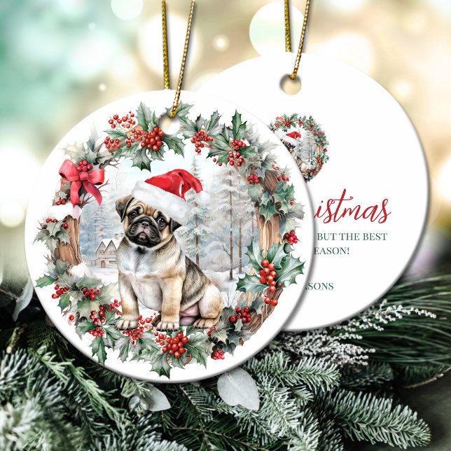 Cute Christmas pug dog puppy Santa hat Ceramic Ornament (Cute Christmas pug dog puppy Santa hat Ceramic Ornament)