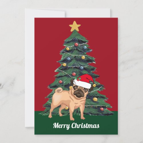 Cute Christmas Pug in Santa Hat Custom Red Card