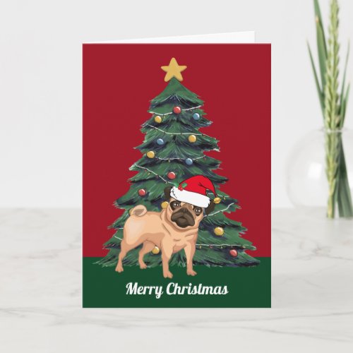 Cute Christmas Pug in Santa Hat Custom Red Holiday Card