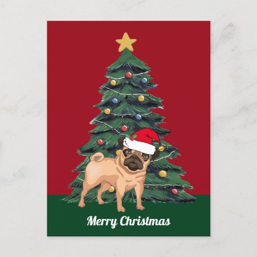 Cute Christmas Pug in Santa Hat Custom Red Holiday Postcard