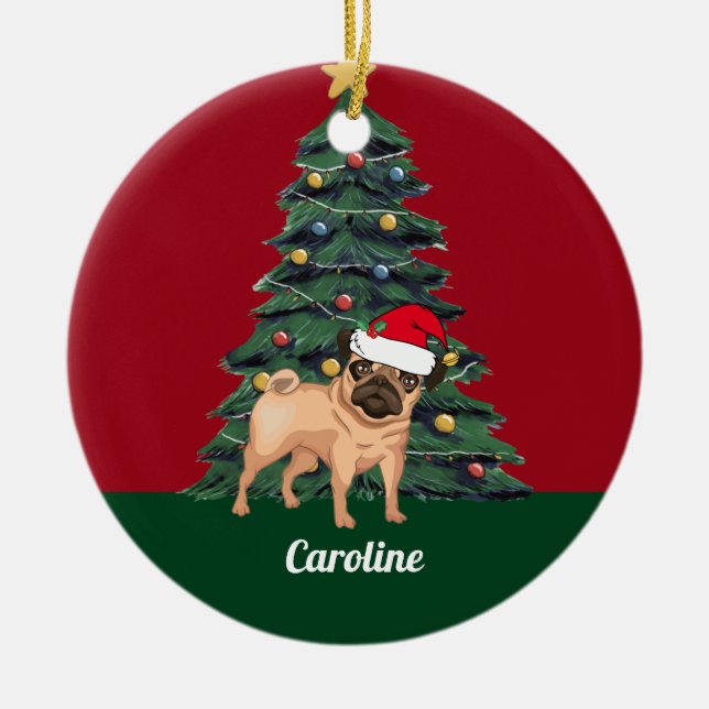 Cute Christmas Pug in Santa Hat Personalized Red Ceramic Ornament (Front)