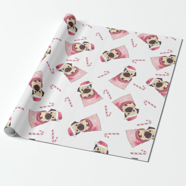 Cute Christmas Pug Pattern Wrapping Paper (Unrolled)
