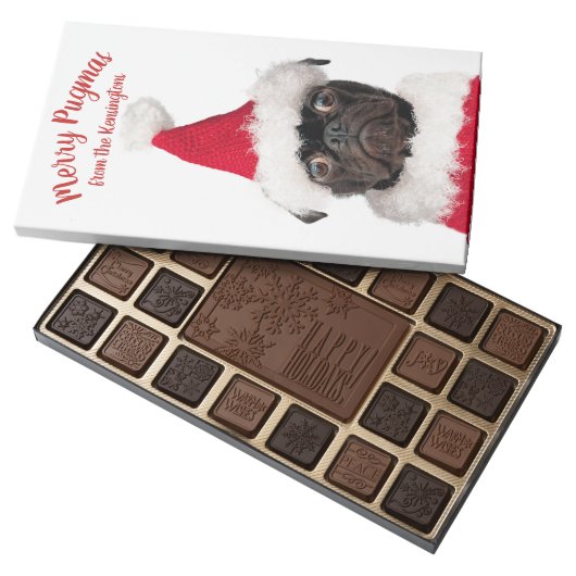 Cute Christmas Pug Puppy Santa Merry Pugmas 45 Piece Box Of Chocolates (Opened)