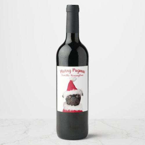 Cute Christmas Pug Puppy Santa Merry Pugmas Wine Label