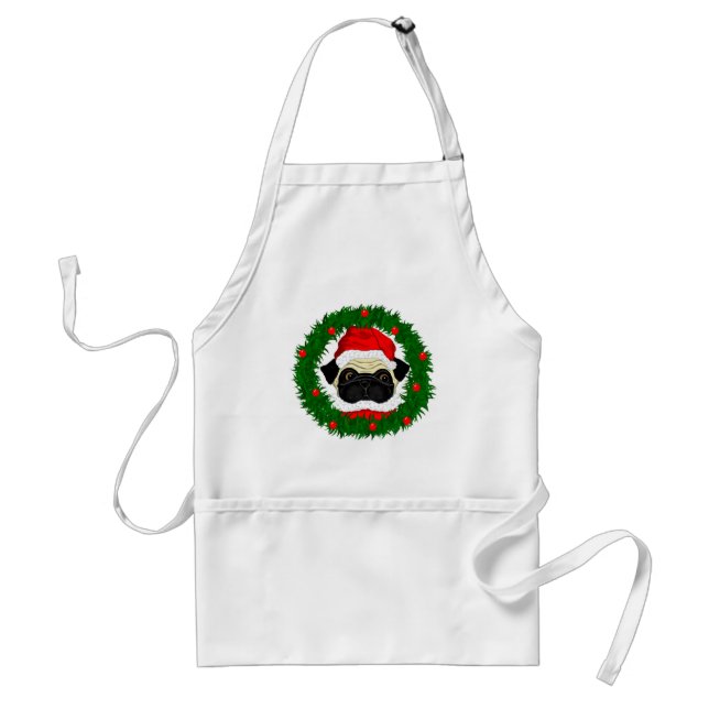 Cute Christmas Pug Santa in Wreath Adult Apron (Front)