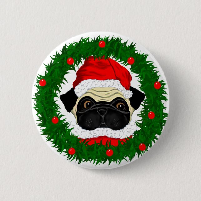 Cute Christmas Pug Santa in Wreath Button (Front)