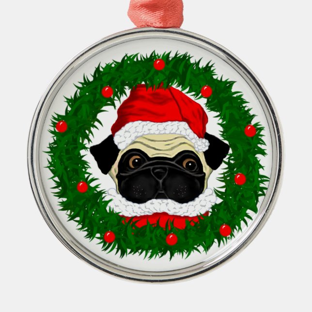 Cute Christmas Pug Santa in Wreath Metal Ornament (Front)