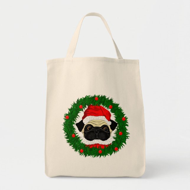 Cute Christmas Pug Santa in Wreath Tote Bag (Front)