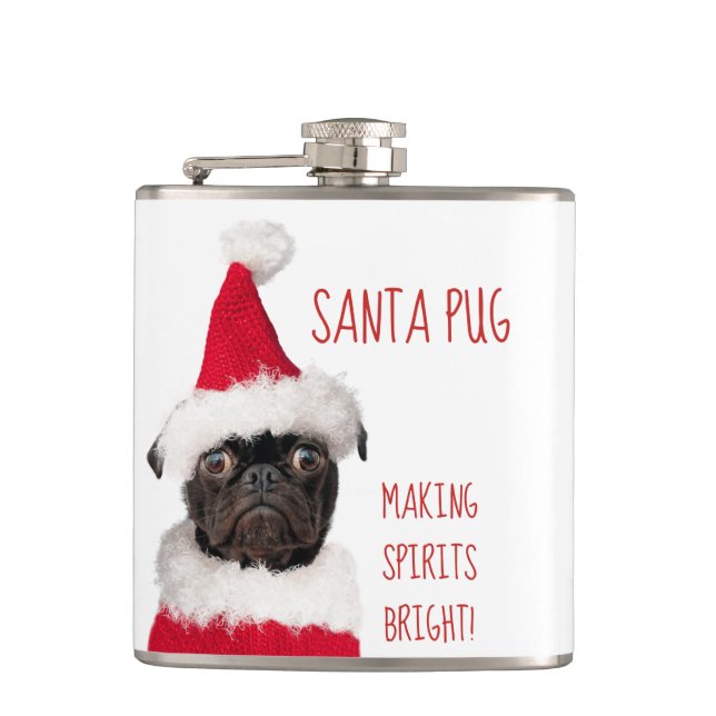 Cute Christmas Pug Santa Making Spirits Bright Flask (Front)